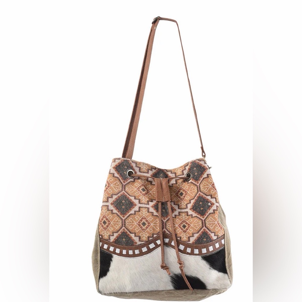 Boho Patchwork Drawstring Shoulder Bag - Brown Multi